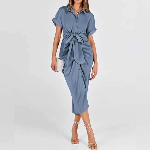BTFBM 2024 Button Down Ruched Shirt Short Sleeve Lapel VNeck Elegant Satin Dress - Picture 4 of 9